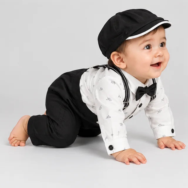 Black Suspender & Bow Tie Baby Boy Formal Romper with Cap