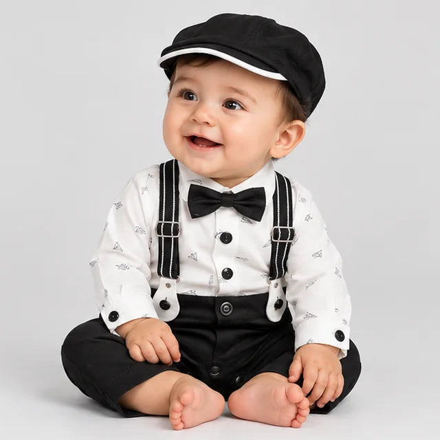 Black Suspender & Bow Tie Baby Boy Formal Romper with Cap