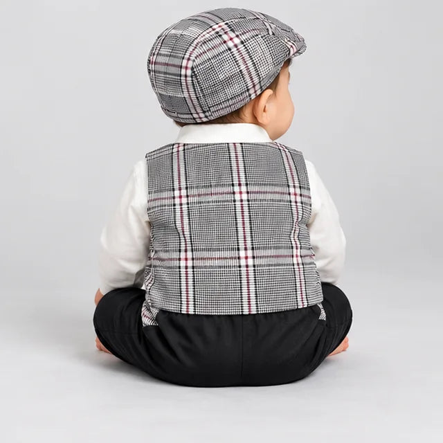 Grey Check Waistcoat Baby Boy Formal Romper with Cap