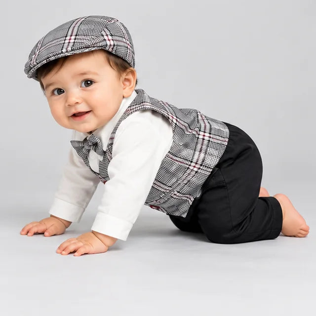 Grey Check Waistcoat Baby Boy Formal Romper with Cap
