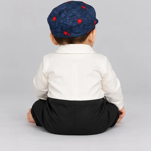 Navy Blue Red Motif Waistcoat Baby Boy Formal Romper with Cap