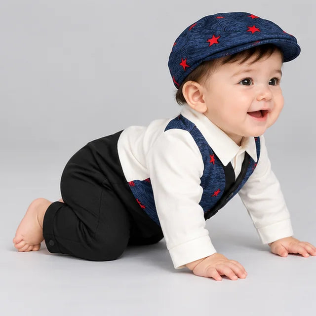 Navy Blue Red Motif Waistcoat Baby Boy Formal Romper with Cap