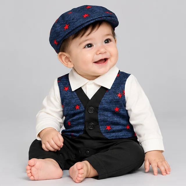 Navy Blue Red Motif Waistcoat Baby Boy Formal Romper with Cap