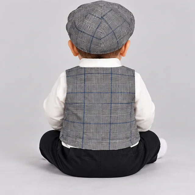 Grey Waistcoat Bow Tie Baby Boy Formal Romper with Cap