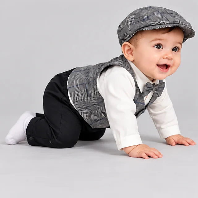 Grey Waistcoat Bow Tie Baby Boy Formal Romper with Cap