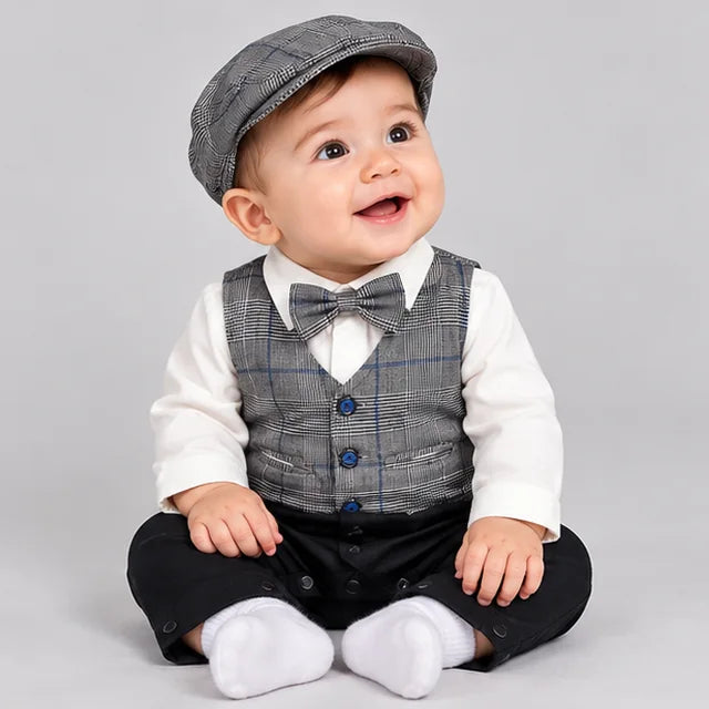 Grey Waistcoat Bow Tie Baby Boy Formal Romper with Cap