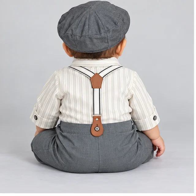 Grey Stripe Suspender Baby Boy Formal Romper with Cap