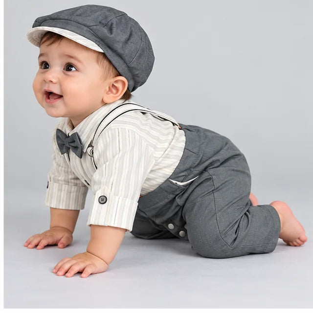 Grey Stripe Suspender Baby Boy Formal Romper with Cap