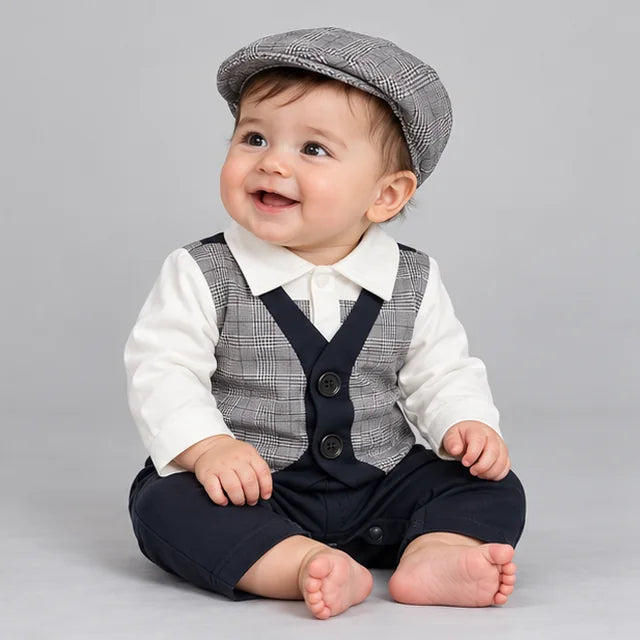 Grey Waistcoat & Navy Baby Boy Formal Romper with Cap