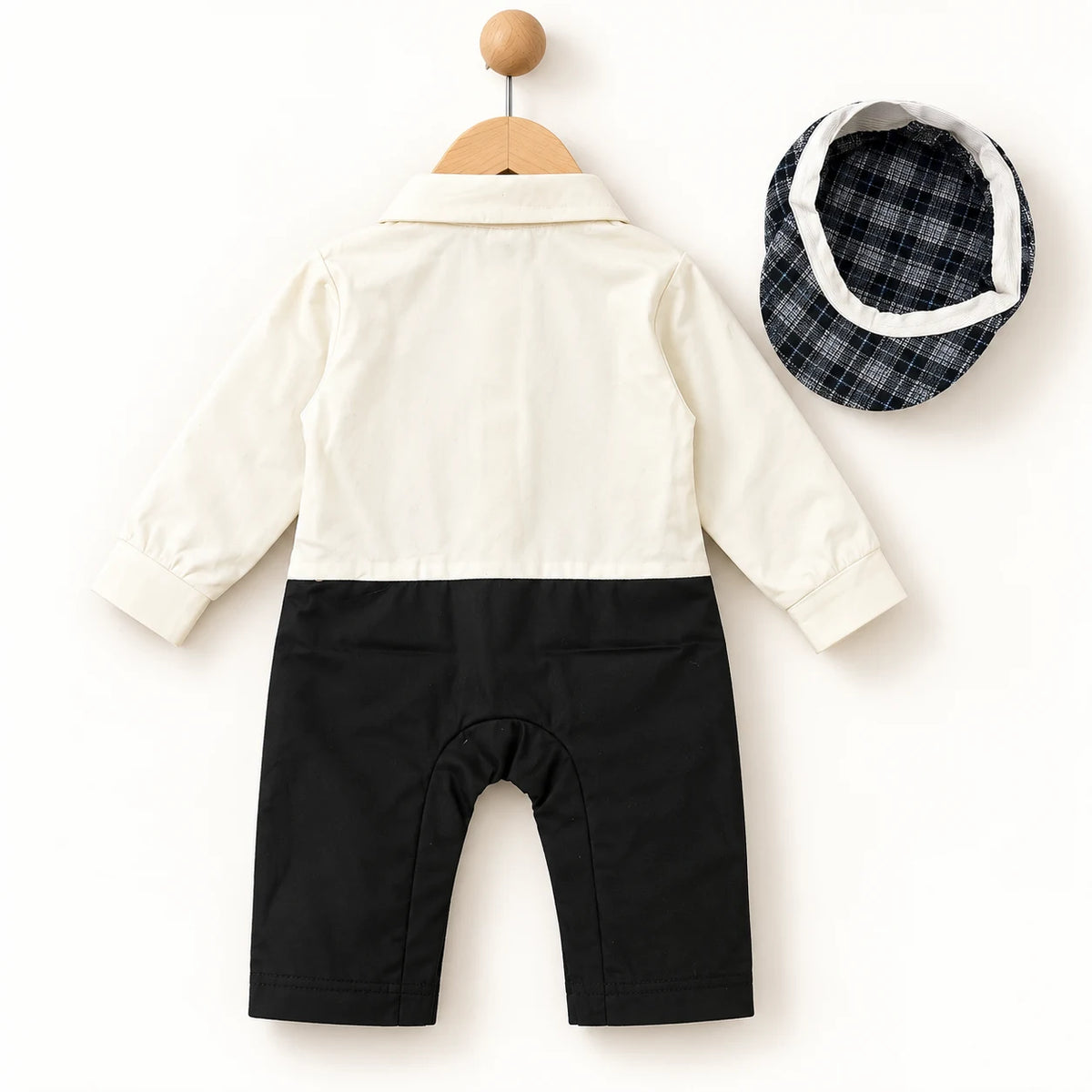 Black & White Checked Waistcoat Baby Boy Formal Romper with Cap