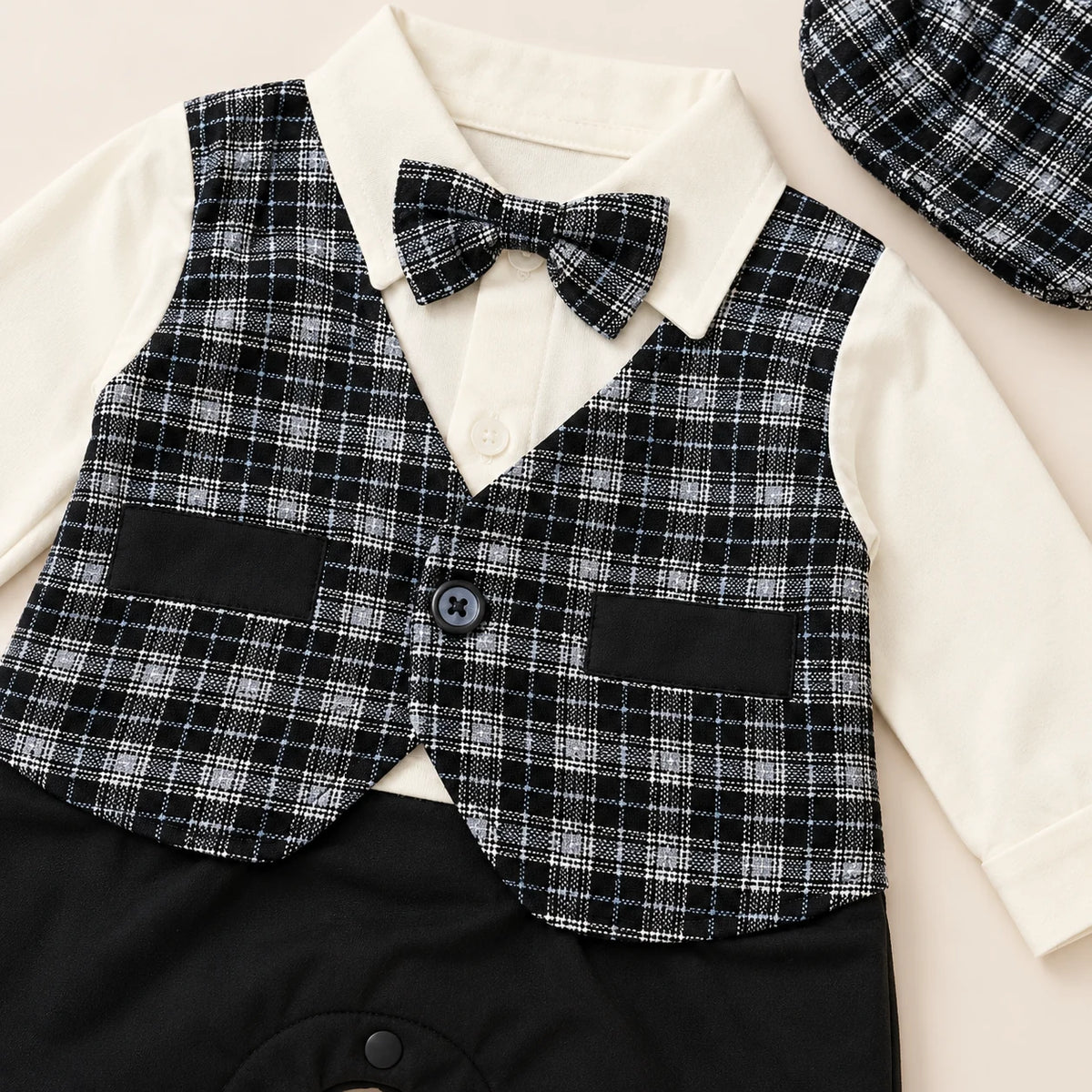 Black & White Checked Waistcoat Baby Boy Formal Romper with Cap