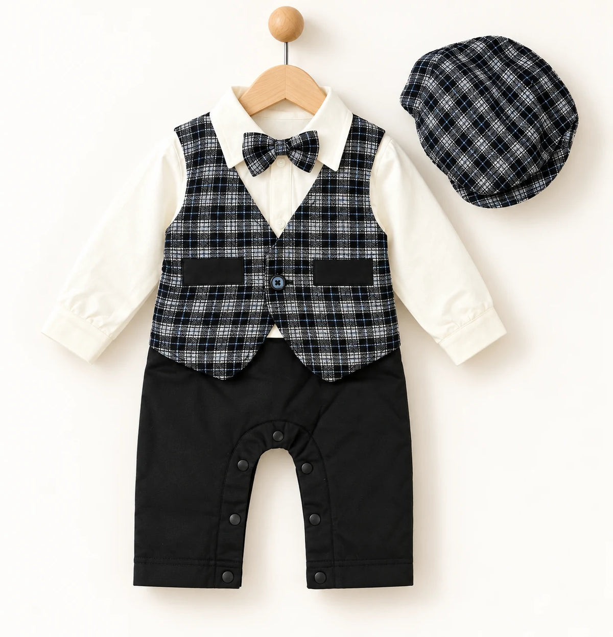 Black & White Checked Waistcoat Baby Boy Formal Romper with Cap