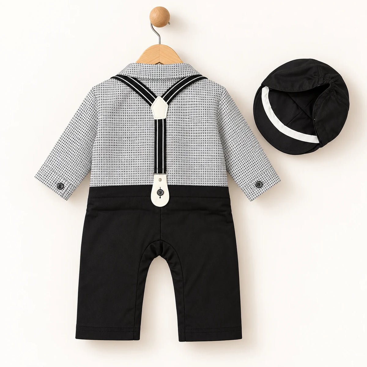 Black & White Check Suspender Baby Boy Formal Romper with Cap