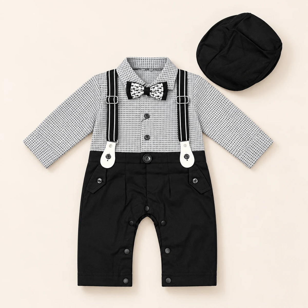 Black & White Check Suspender Baby Boy Formal Romper with Cap