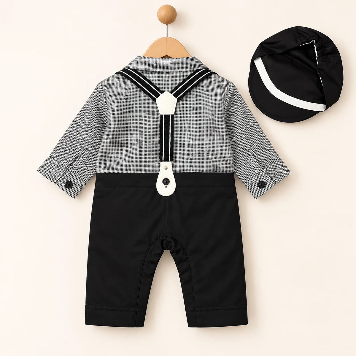 Grey Shirt Black Suspender Baby Boy Formal Romper with Cap