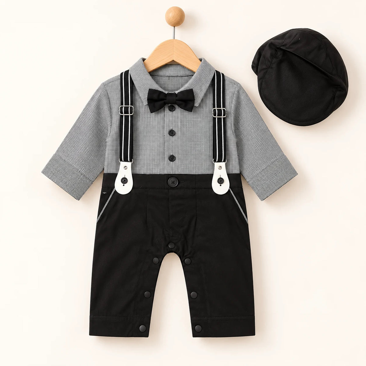 Grey Shirt Black Suspender Baby Boy Formal Romper with Cap