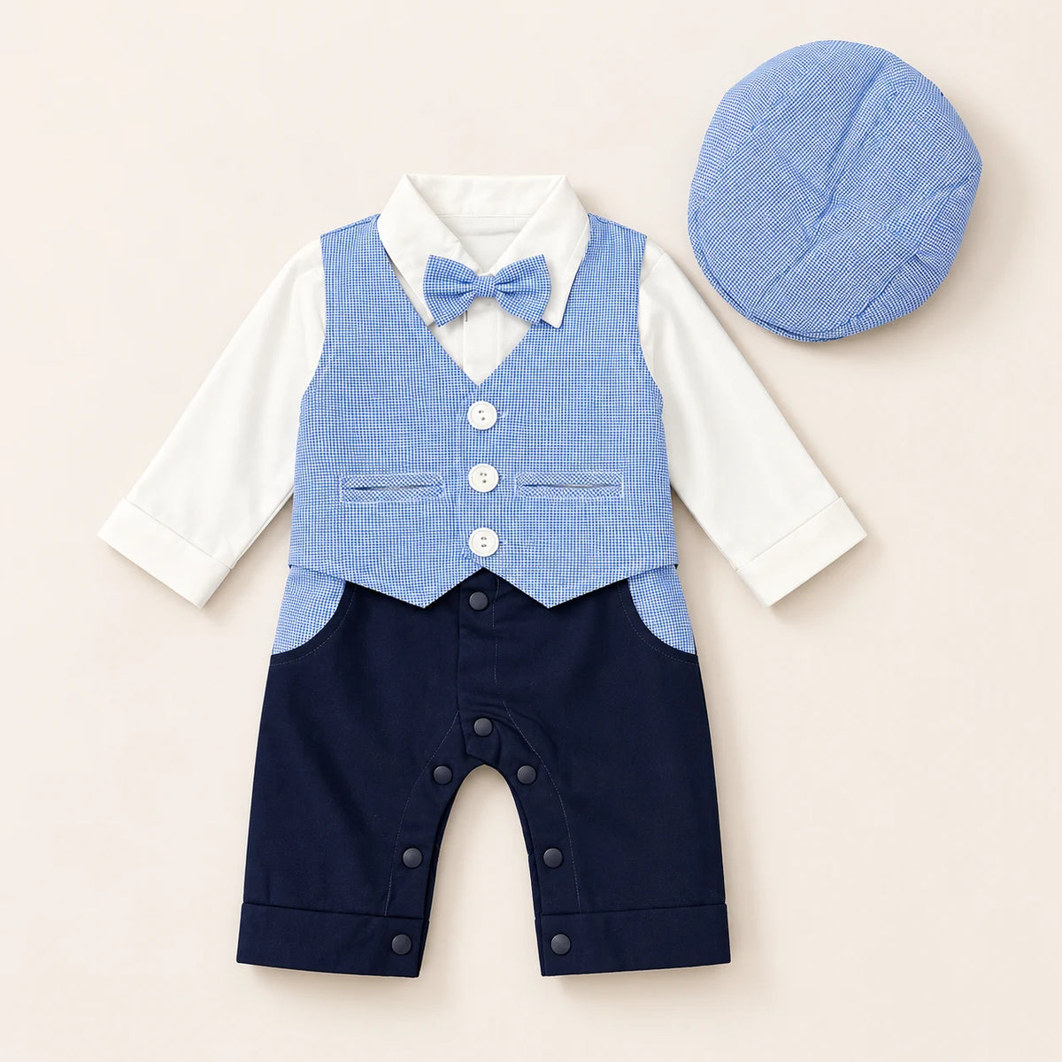 Sky Blue Waistcoat Baby Boy Formal Romper with Cap