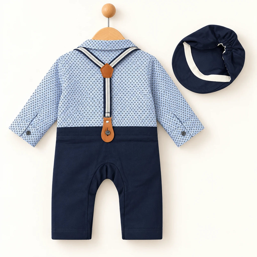 Navy Blue Polka Dot Suspender Baby Boy Formal Romper with Cap