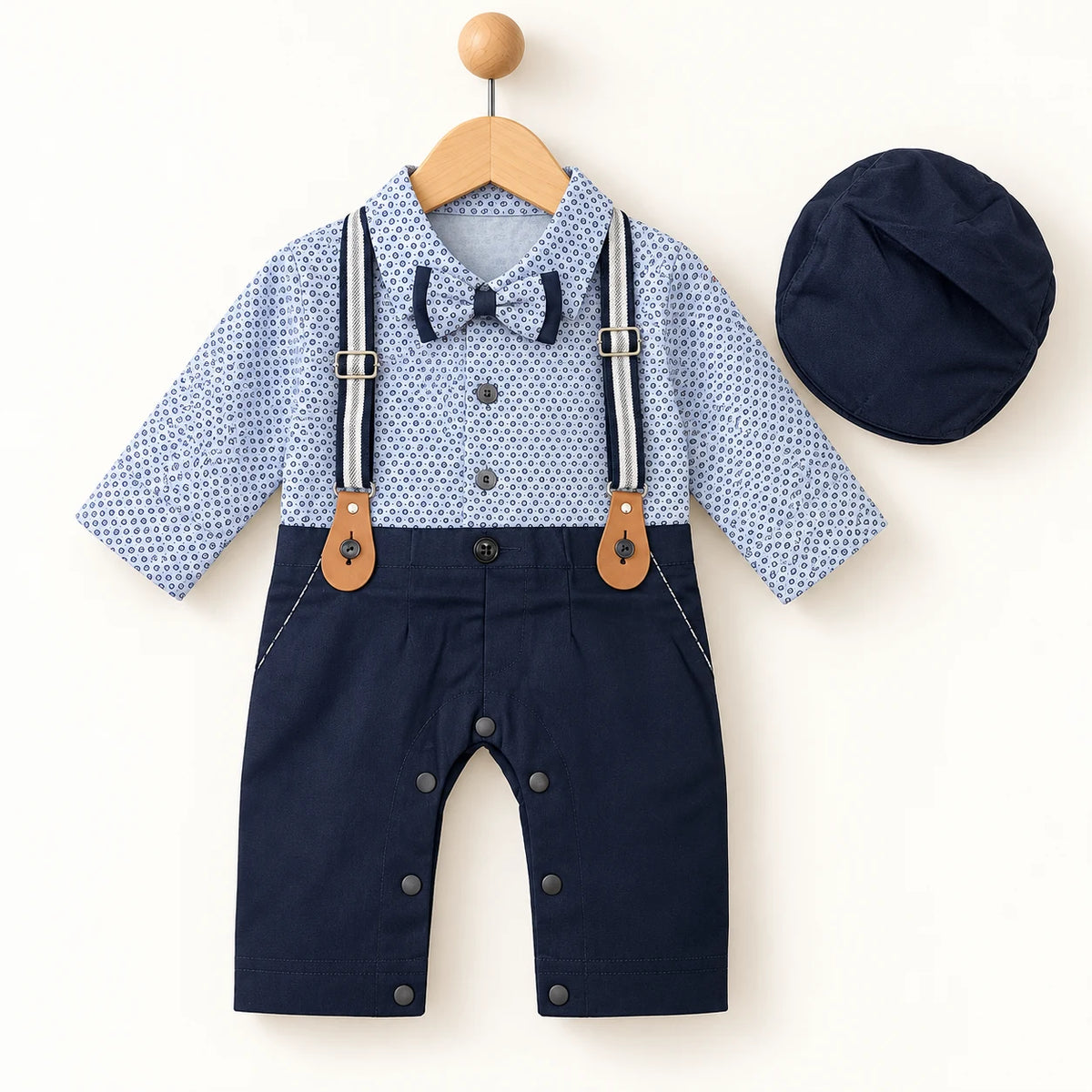 Navy Blue Polka Dot Suspender Baby Boy Formal Romper with Cap