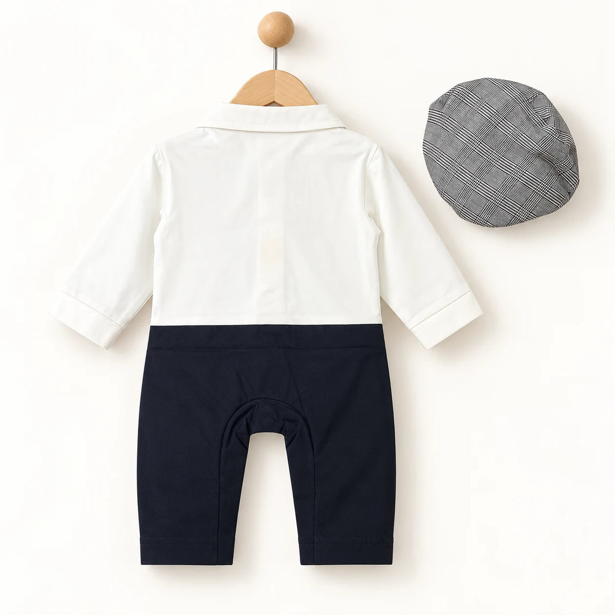 Grey Waistcoat & Navy Baby Boy Formal Romper with Cap