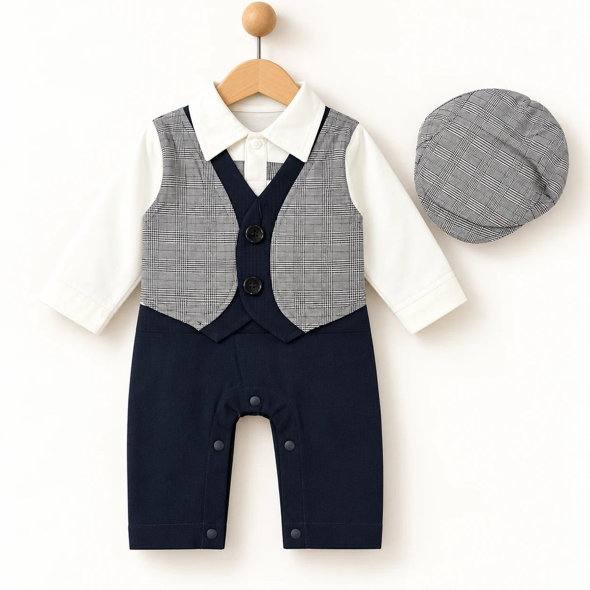 Grey Waistcoat & Navy Baby Boy Formal Romper with Cap