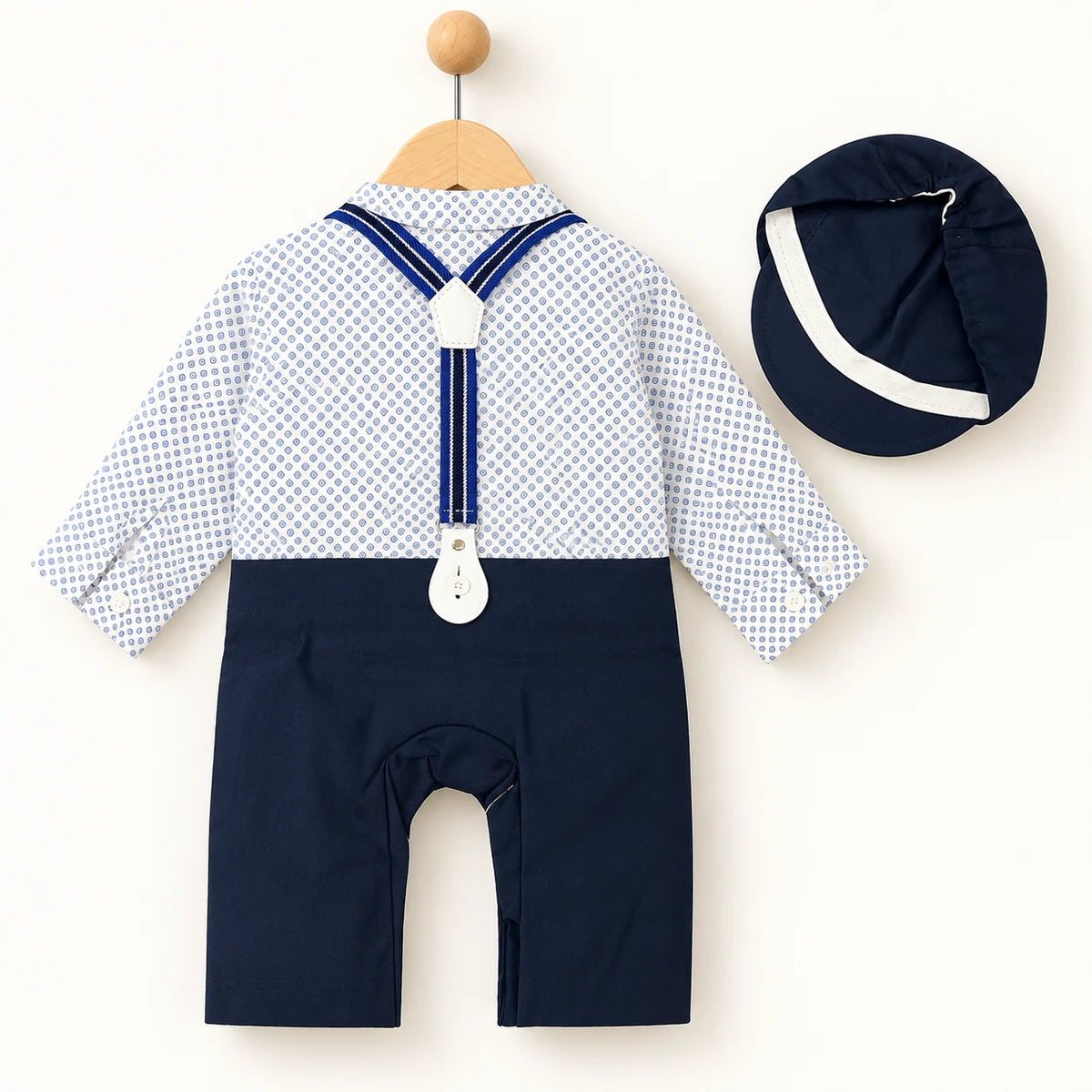 White & Blue Geometric Print Suspender Baby Boy Formal Romper with Cap
