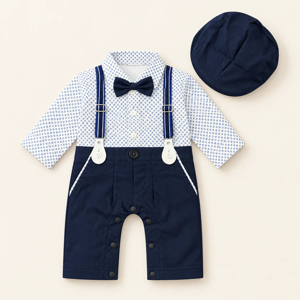 White & Blue Geometric Print Suspender Baby Boy Formal Romper with Cap