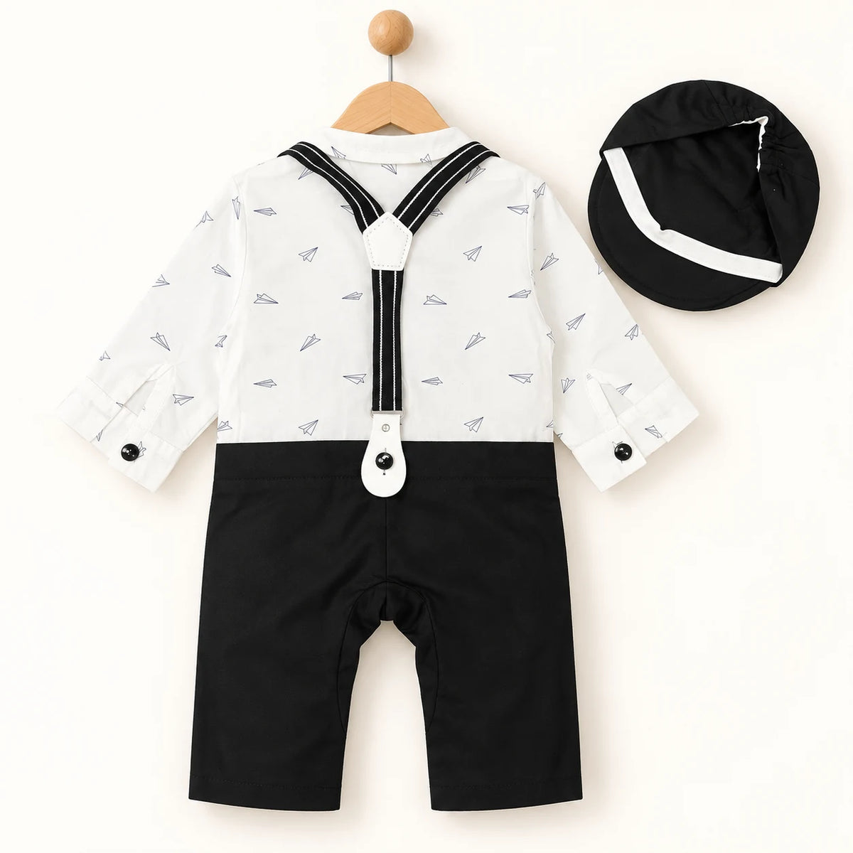 Black Suspender & Bow Tie Baby Boy Formal Romper with Cap