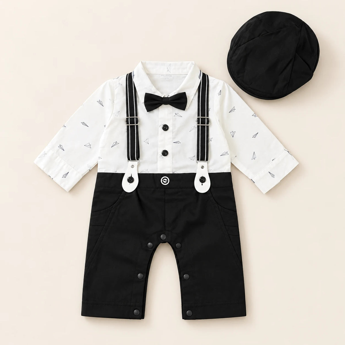 Black Suspender & Bow Tie Baby Boy Formal Romper with Cap