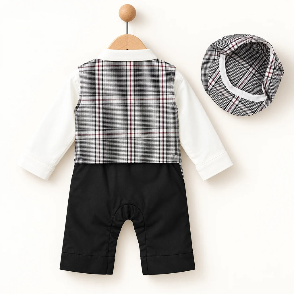 Grey Check Waistcoat Baby Boy Formal Romper with Cap