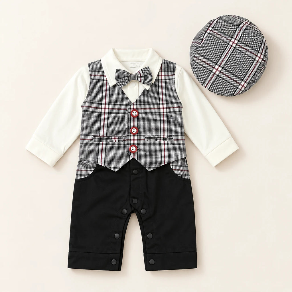 Grey Check Waistcoat Baby Boy Formal Romper with Cap