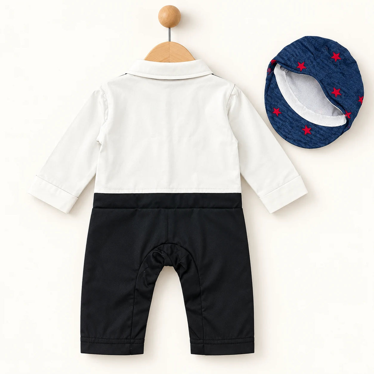 Navy Blue Red Motif Waistcoat Baby Boy Formal Romper with Cap