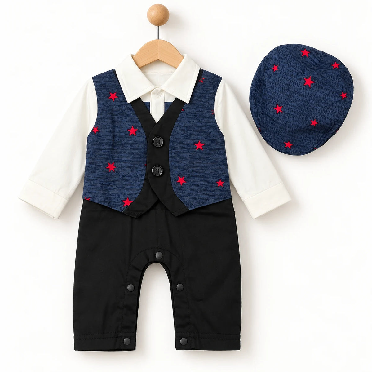 Navy Blue Red Motif Waistcoat Baby Boy Formal Romper with Cap