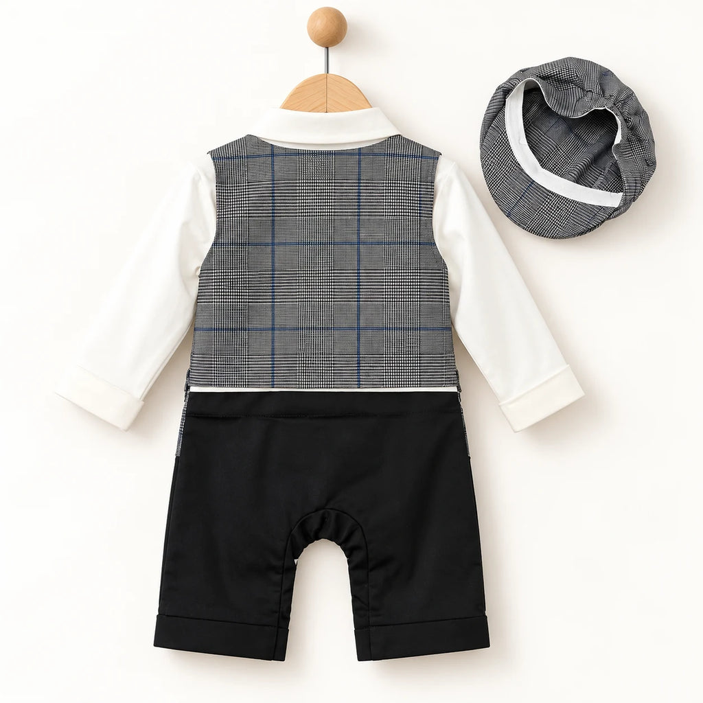 Grey Waistcoat Bow Tie Baby Boy Formal Romper with Cap