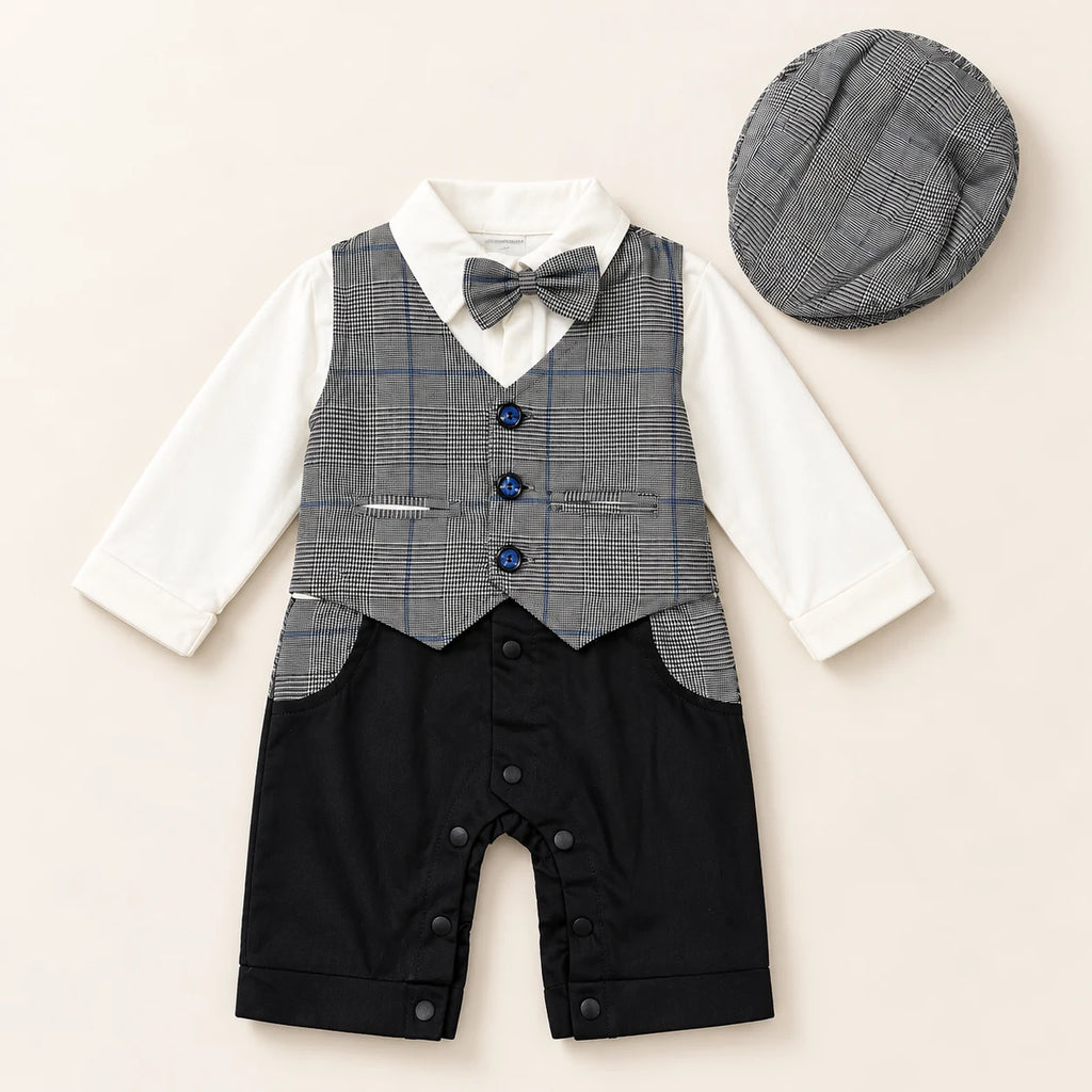 Grey Waistcoat Bow Tie Baby Boy Formal Romper with Cap