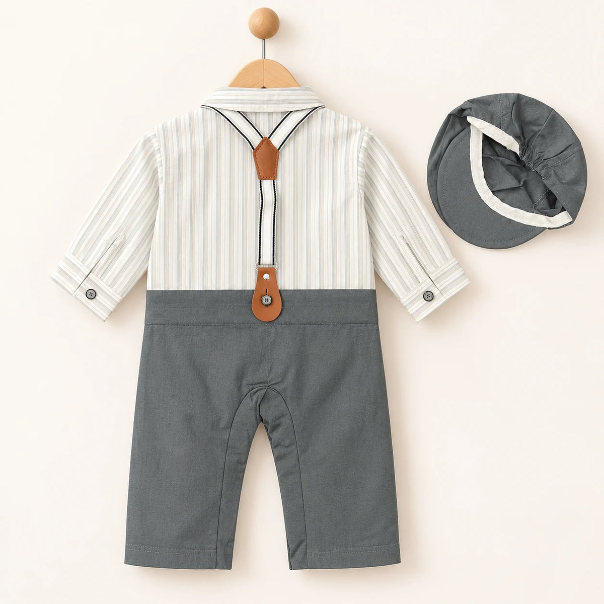 Grey Stripe Suspender Baby Boy Formal Romper with Cap