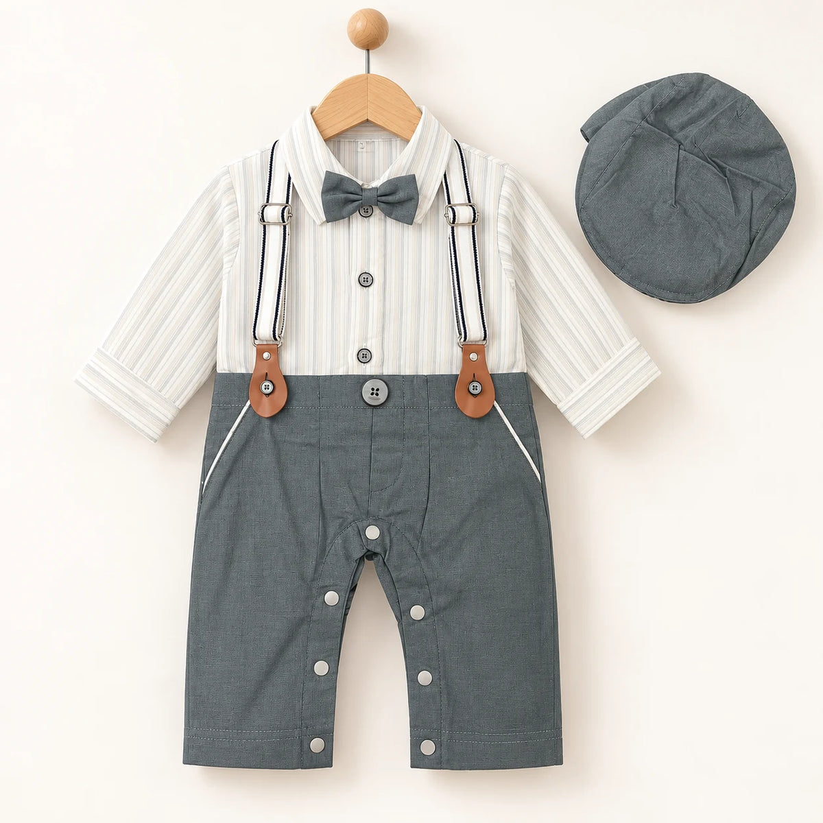 Grey Stripe Suspender Baby Boy Formal Romper with Cap